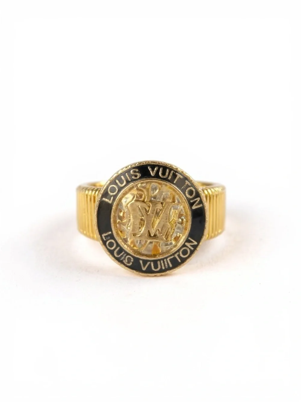Gold & Black Upcycled Louis Vuitton Button LV Logo Ring